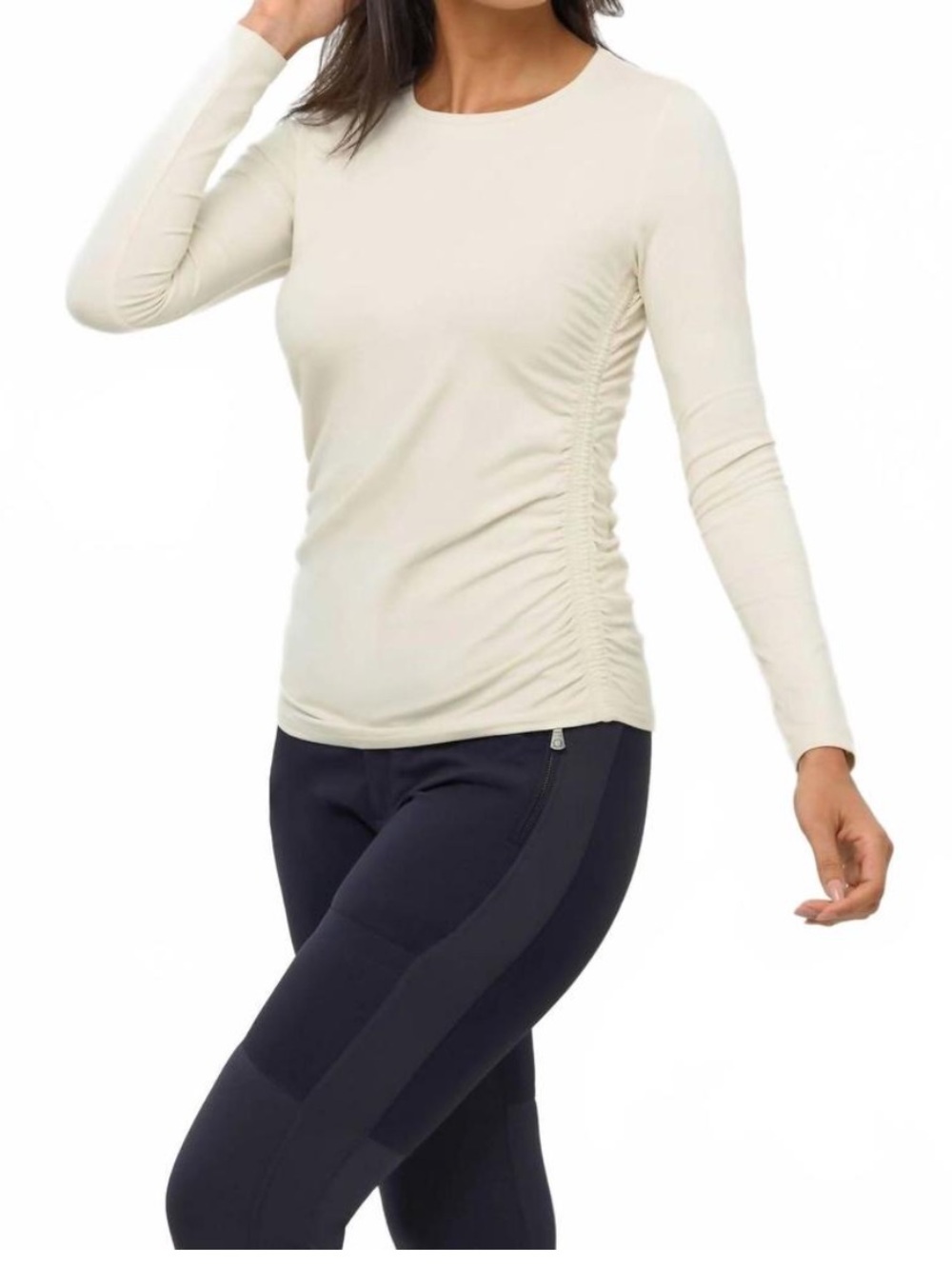 Anatomie Milly Ruched Side Long Sleeve Top Ivory Women Size Small Pima Cotton
